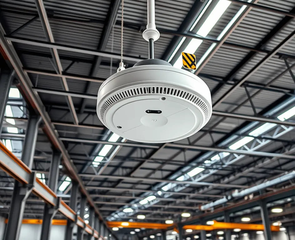 Détecteur de fumée connecté installé dans un espace industriel moderne par RymBTP Détecteur de fumée connecté installé dans un espace industriel moderne par RymBTP