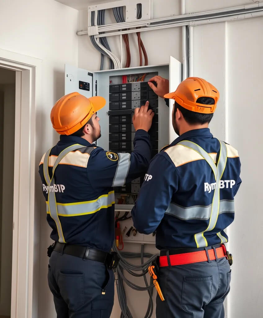 Techniciens RymBTP installant un tableau électrique conforme aux normes marocaines Techniciens RymBTP installant un tableau électrique conforme aux normes marocaines