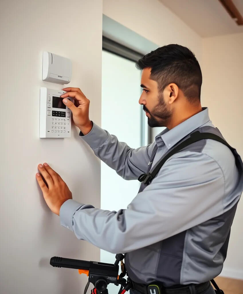 Technicien RymBTP installant un système d’alarme dans un bâtiment résidentiel à Casablanca Technicien RymBTP installant un système d’alarme dans un bâtiment résidentiel à Casablanca