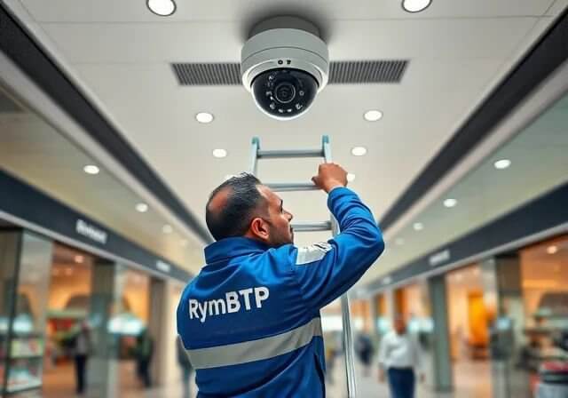 Installation de caméras CCTV dans un centre commercial moderne à Casablanca par un technicien RymBTP