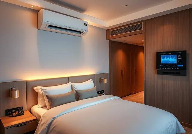 Chambre d’hôtel équipée d’une climatisation intelligente installée par RymBTP