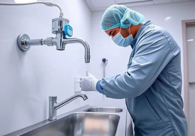 Technicien RymBTP installant un système sanitaire médicalisé dans une clinique à Oulfa