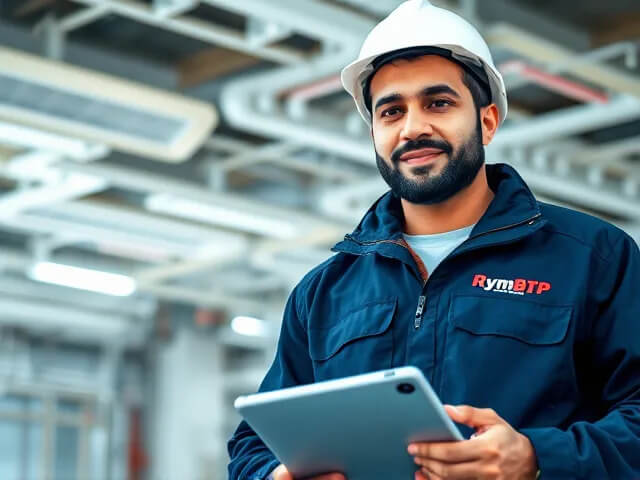 Technicien RymBTP sur chantier à Casablanca avec plan technique en main devant des installations CVC et électriques