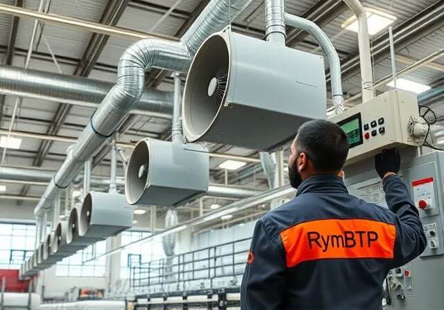 Système de ventilation industrielle dans un atelier textile avec un technicien RymBTP