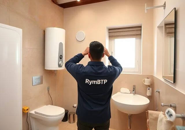 Technicien RymBTP installant un système sanitaire dans une villa moderne à Bouskoura