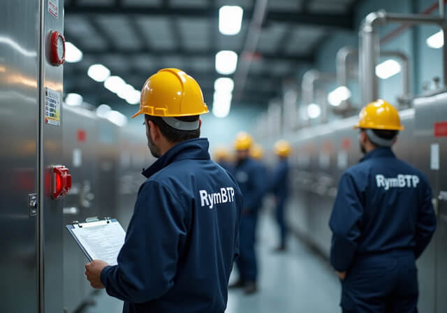 Technicien RymBTP effectuant un audit de sécurité incendie dans une usine agroalimentaire à Bouskoura, Casablanca