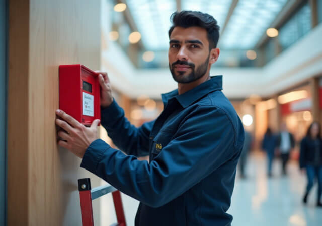 Technicien RymBTP installant un déclencheur manuel d’alarme incendie dans un centre commercial à Casablanca