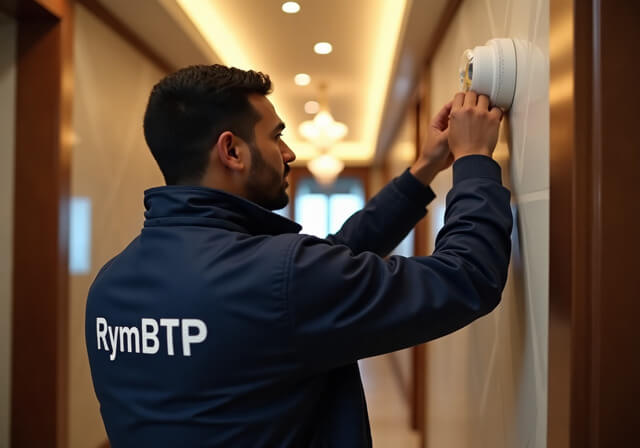 Technicien RymBTP installant un détecteur de fumée dans un hôtel de luxe à Maarif, Casablanca