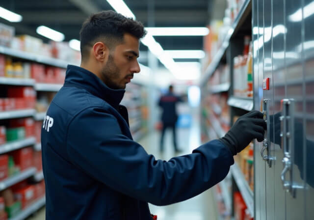 Technicien RymBTP réalisant la maintenance préventive d’un système incendie dans un supermarché à Casablanca